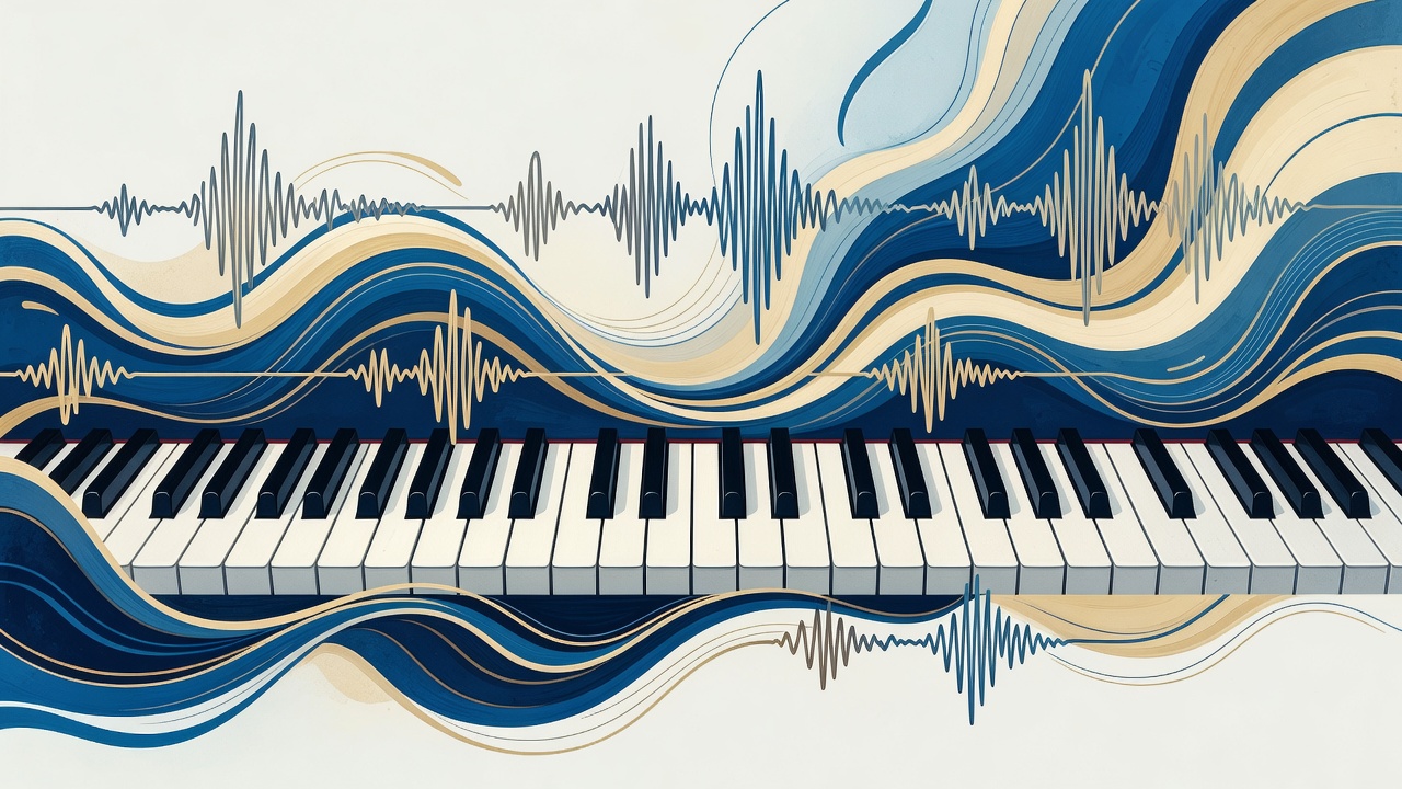 Original illustration of a piano keyboard beneath flowing blue and cream musical curves