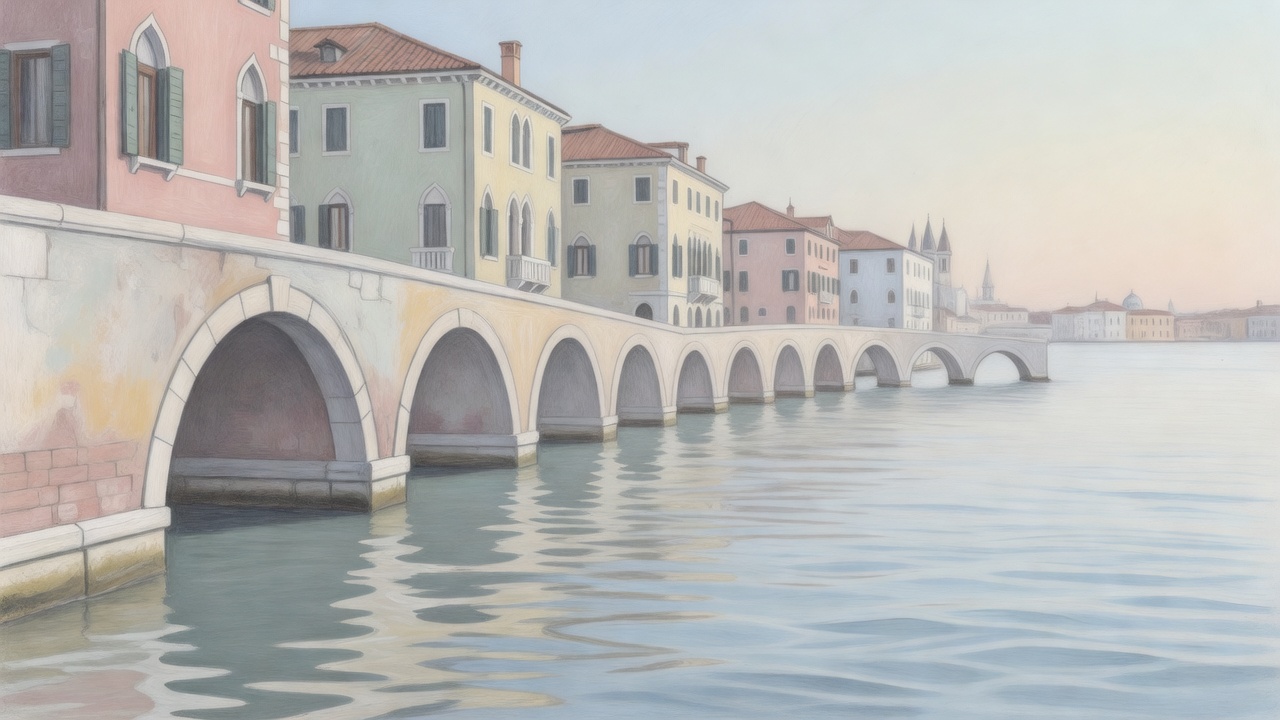 Original illustration of pastel architectural arches beside gently patterned water