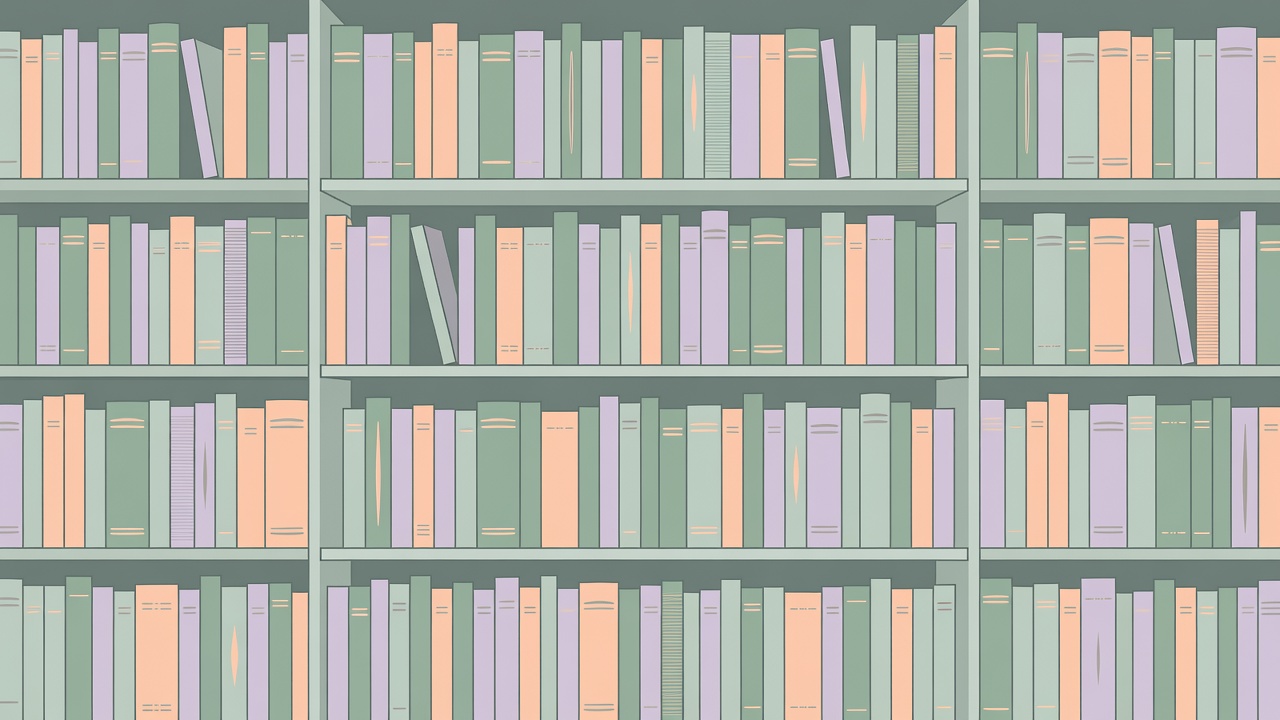 Geometric shelves of unbranded books in sage, peach and lavender, with decorative spine lines