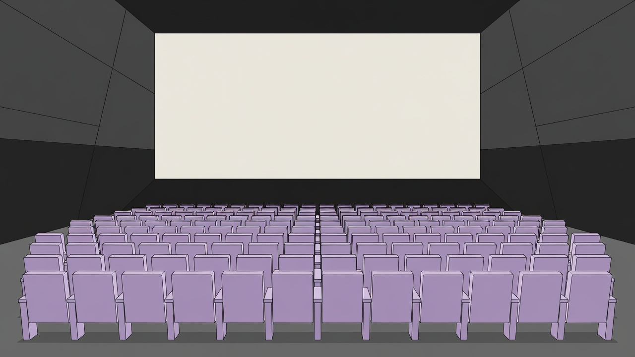 Geometric illustration of a pale cinema screen above rows of lavender auditorium seats