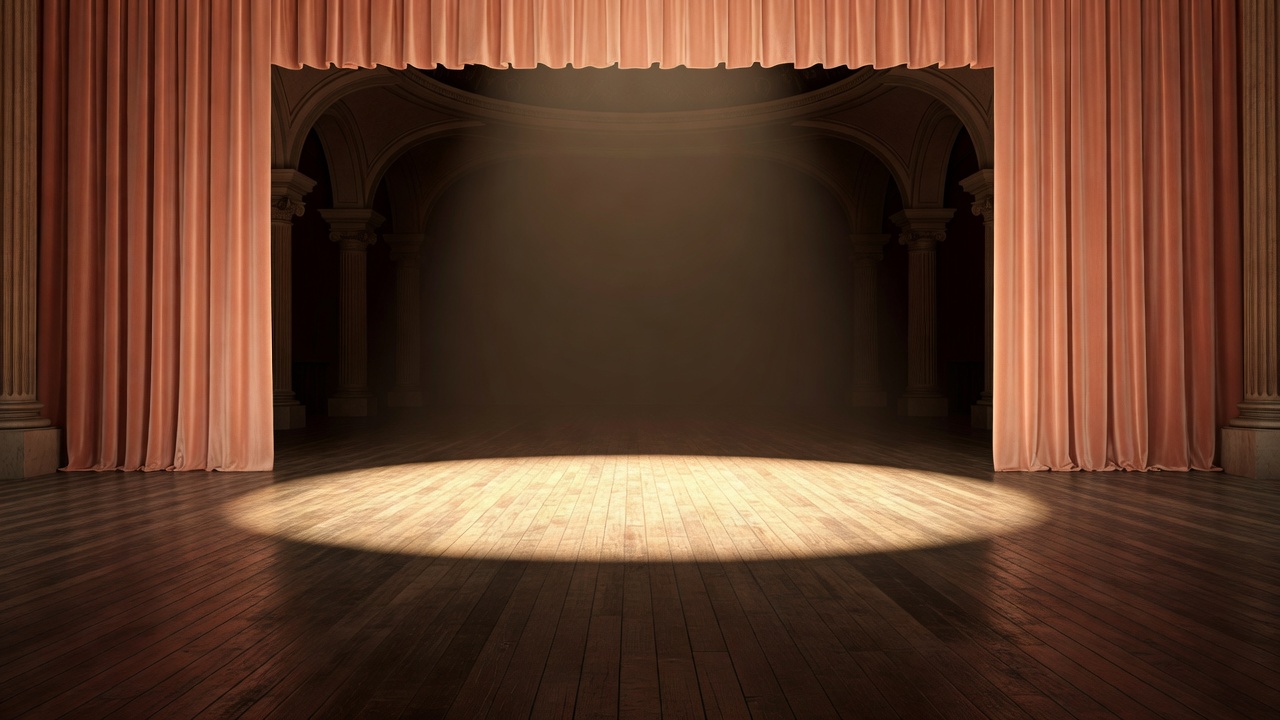Original illustration of peach theatre curtains and a broad pool of light across an empty stage
