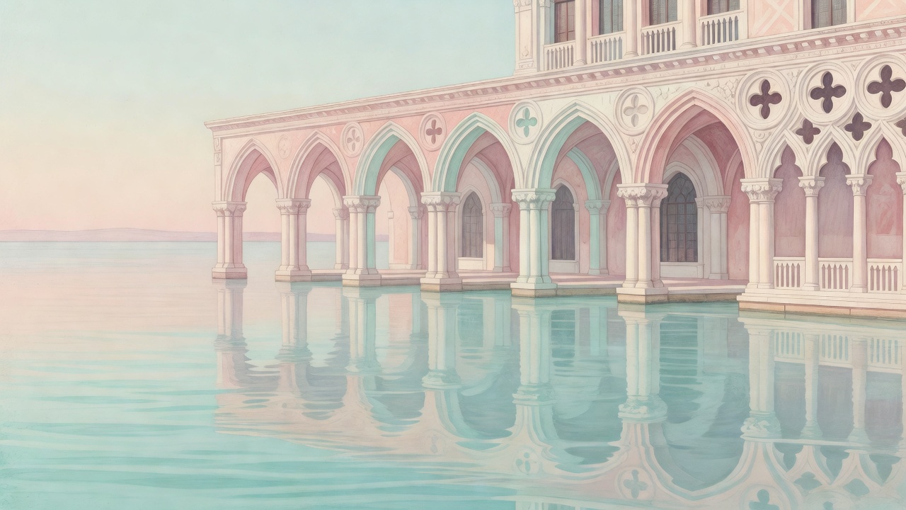 Pastel illustration of Venetian-inspired arches reflected in lagoon-coloured water